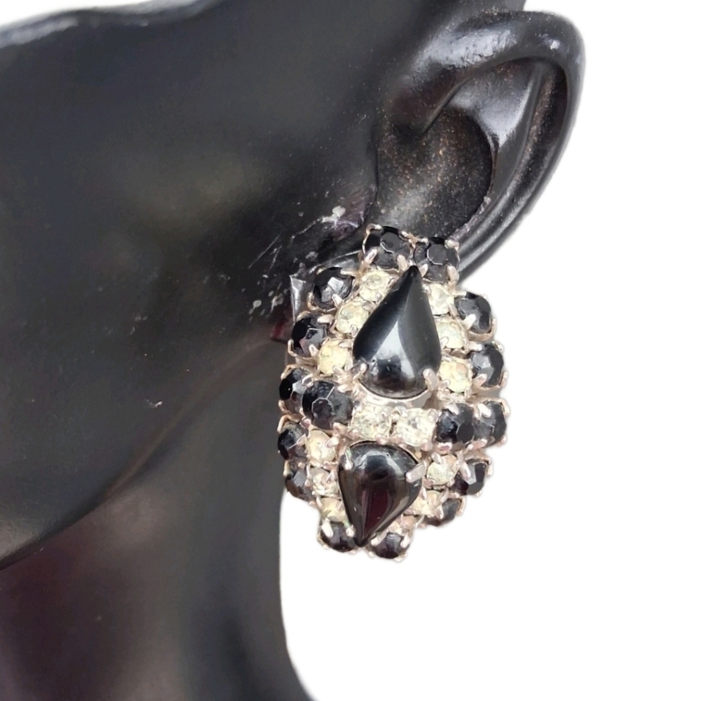 Vintage MCM Black Onyx Glass & Rhinestone Clip On Earrings Hollywood Regency